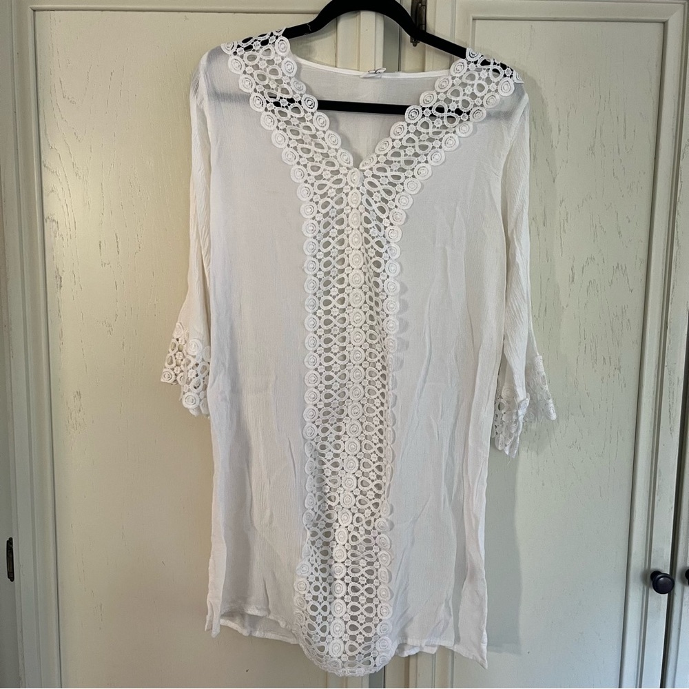 White Crochet Trim Tunic Swim Pool Beach Cover Up size M